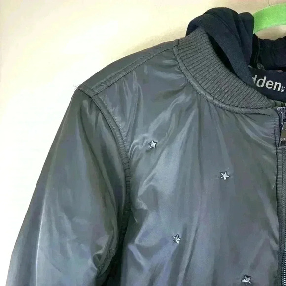 Madden NYC Dark Green Star Studded Hooded Zip Bomber Coat Size XL - Picture 3 of 16